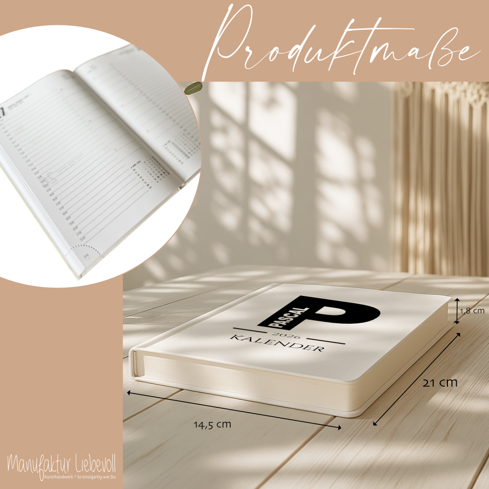 Personalisierter Terminplaner 2026 Din A5 | Minimalistischer Buchkalender mit Name | Weißes Hardcover – Manufaktur Liebevoll