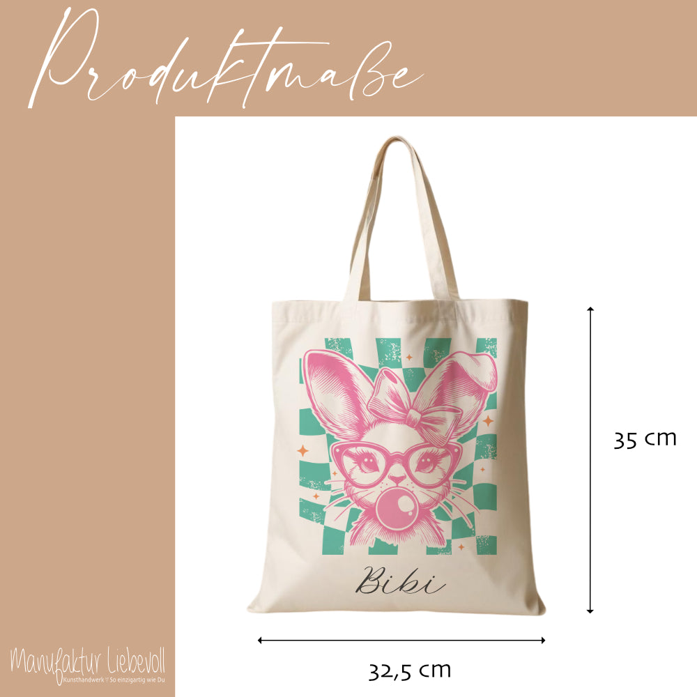 Stoffbeutel mit Namen bedruckt,  Motive: Osterohren, Bubble Gum Osterhasen
