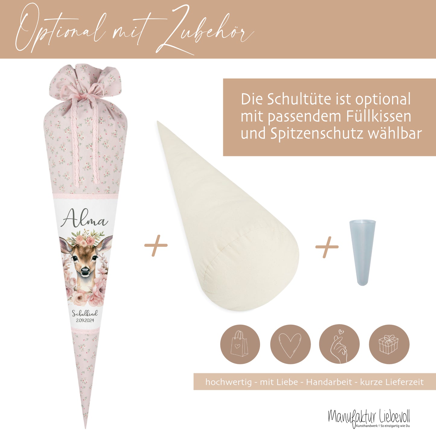 Personalisierte rosa Stoff Zuckertüte Rehkitz Schultüte Bambi für Mädchen mit Namen Einschulungstüte Einschulung Datum Blumen Füllkissen 70 cm I Optional mit Füllkissen und Spitzenschutz