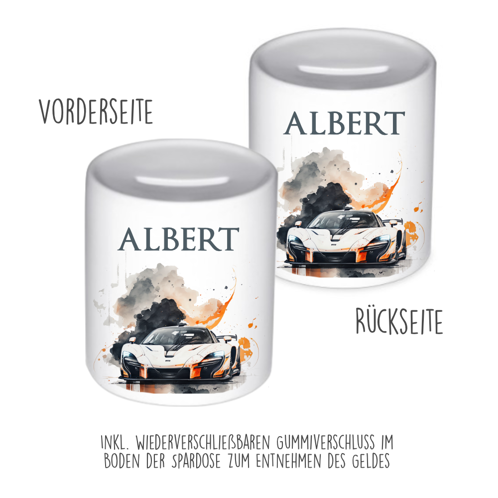 Spardose "Rennauto" mit Namen für Jungen | Geschenk für Kinder Teenager | Personalisiertes Geldgeschenk I Geschenkidee zum Geburtstag | 10 Motive zur Auswahl