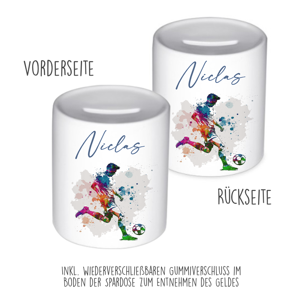 Spardose Fußball mit Namen als Geschenk für Jungen