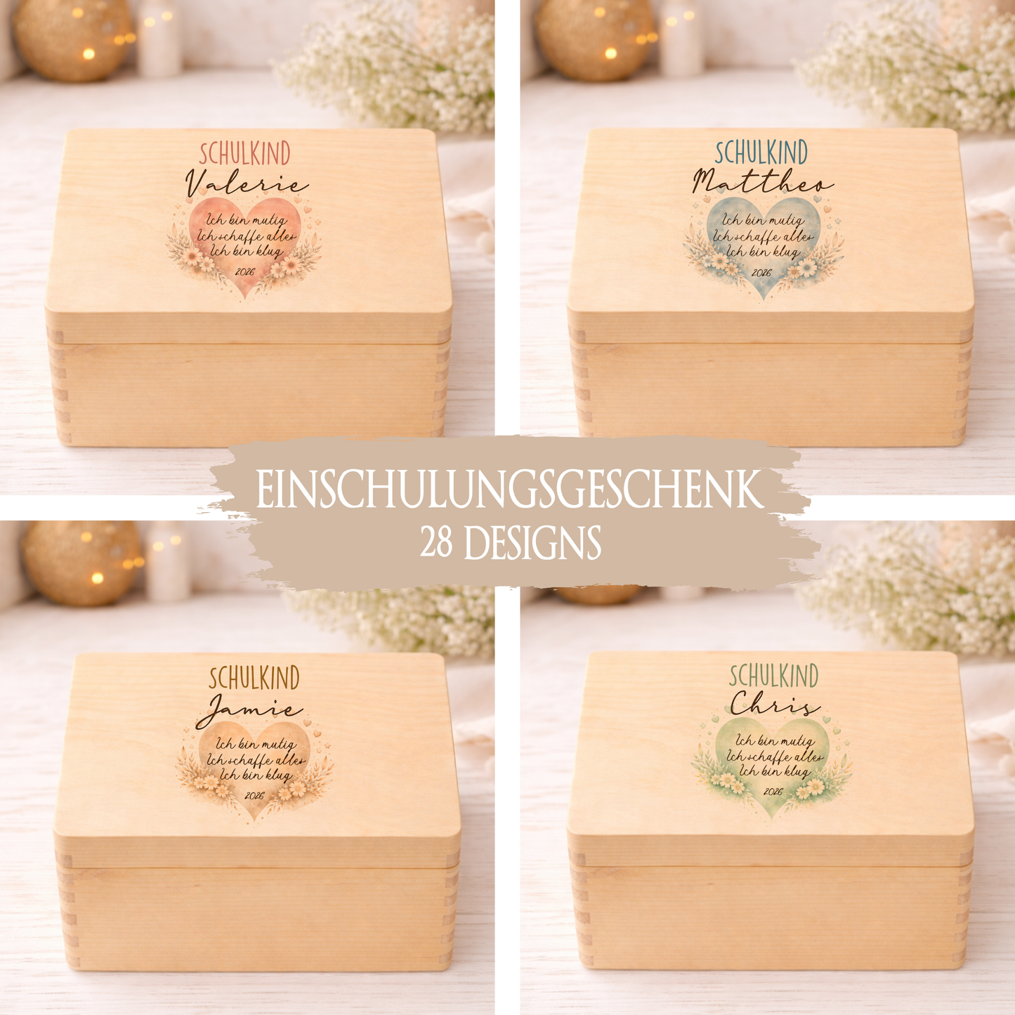 Holzkiste Schulkind 2026 Geschenk I Personalisierte Erinnerungsbox mit Namen viele Motive I Mädchen Einschulung Junge Geschenk Schulstart