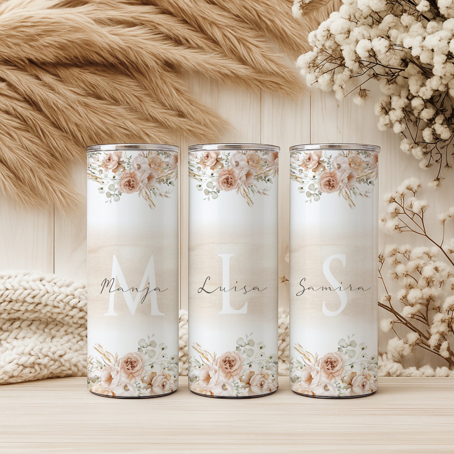 Personalisierter Thermobecher mit Namen & Initialen Boho Floral Edelstahl Kaffeebecher to go mit Strohhalm Geschenk für Frauen u. Mädchen