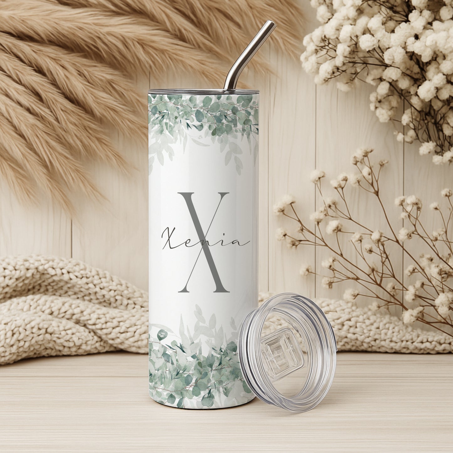 Personalisierter Edelstahl Thermobecher mit Namen & Initialen Eukalyptus Design Kaffeebecher to go mit Strohhalm Geschenk für Frauen Mädchen