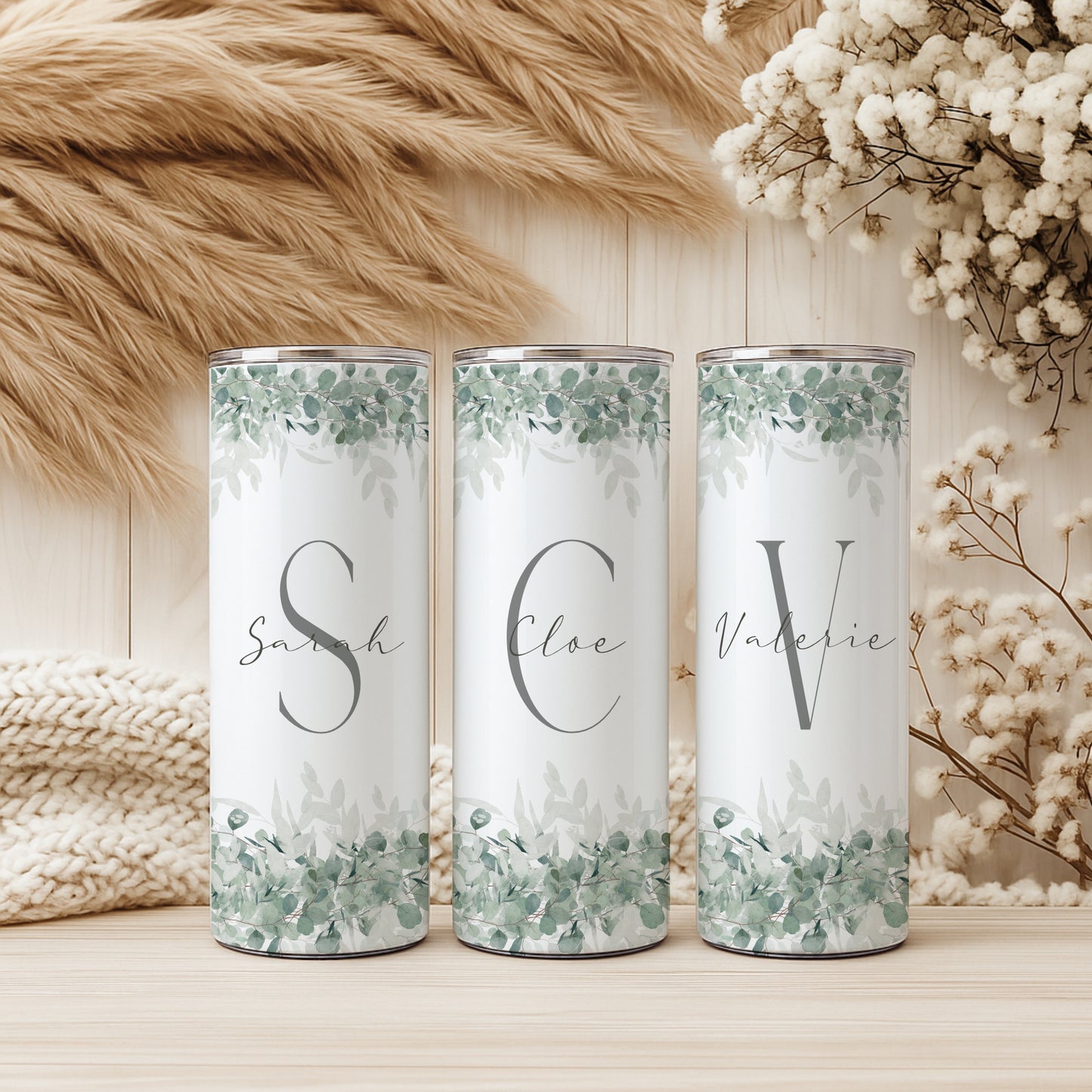 Personalisierter Edelstahl Thermobecher mit Namen & Initialen Eukalyptus Design Kaffeebecher to go mit Strohhalm Geschenk für Frauen Mädchen