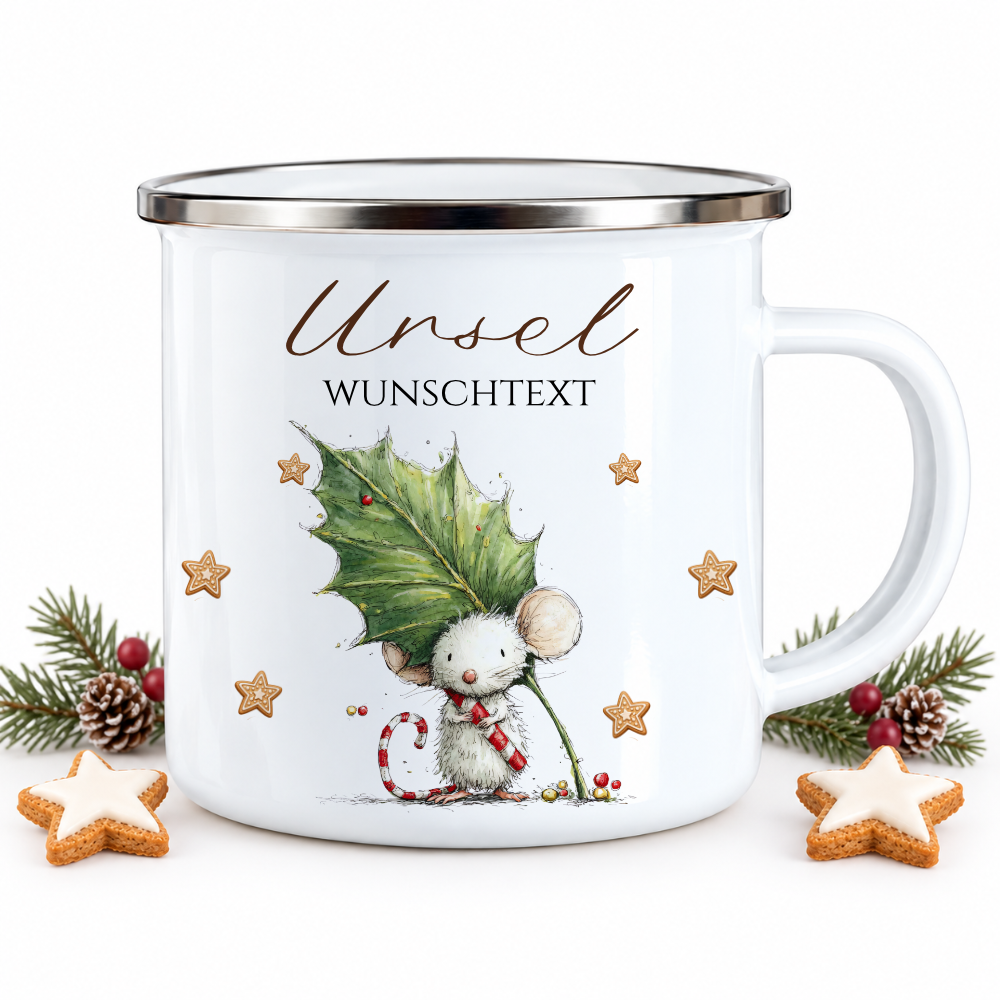 Emaille Tasse personalisiert mit Namen – 4 süße Weihnachtsmäuse