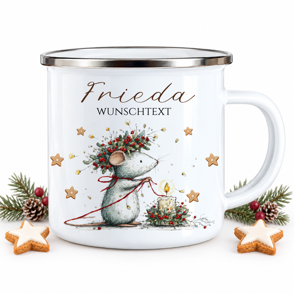 Emaille Tasse personalisiert mit Namen – 4 süße Weihnachtsmäuse