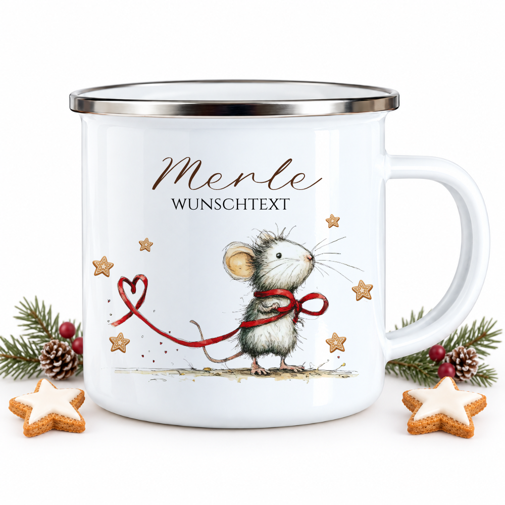 Emaille Tasse personalisiert mit Namen – 4 süße Weihnachtsmäuse