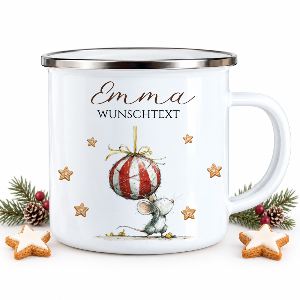 Emaille Tasse personalisiert mit Namen – 4 süße Weihnachtsmäuse