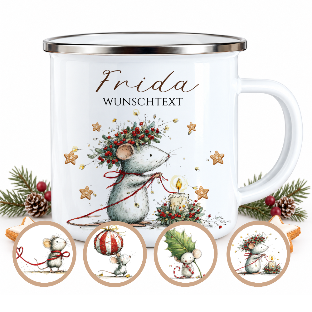 Emaille Tasse personalisiert mit Namen – 4 süße Weihnachtsmäuse