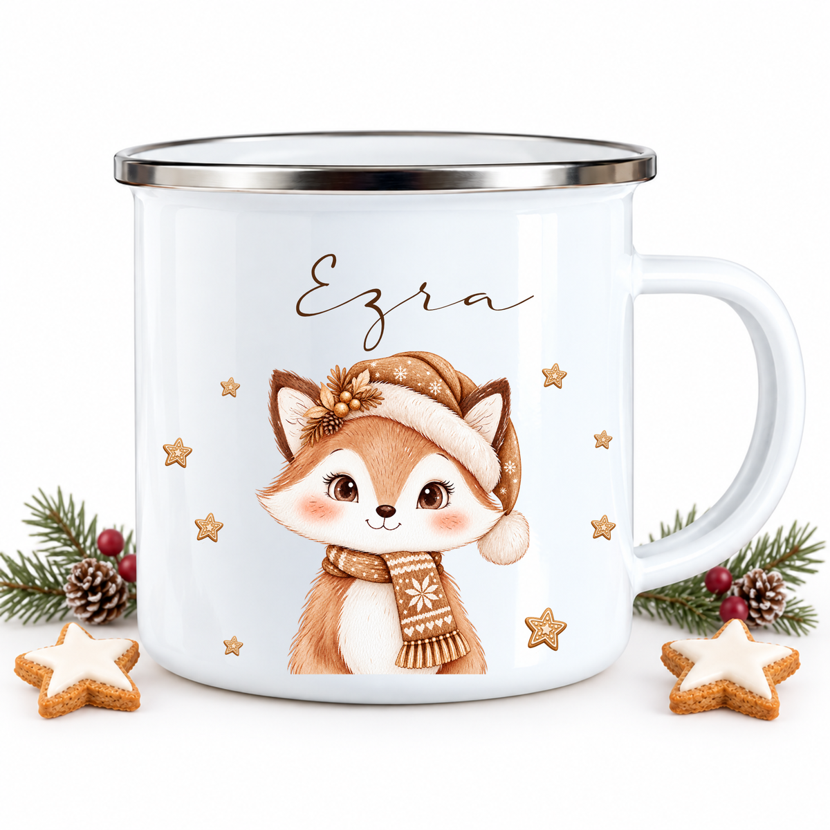 Kindertasse mit Namen Weihnachten, Emaille Tasse personalisiert I Nikolausgeschenk Kinder I Weihnachtstasse Mädchen Jungen I 6 Tiermotive