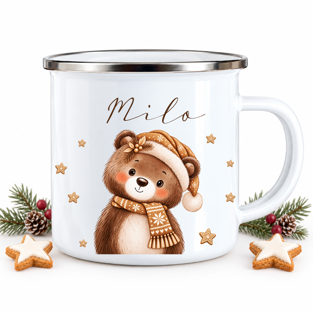 Kindertasse mit Namen Weihnachten, Emaille Tasse personalisiert I Nikolausgeschenk Kinder I Weihnachtstasse Mädchen Jungen I 6 Tiermotive