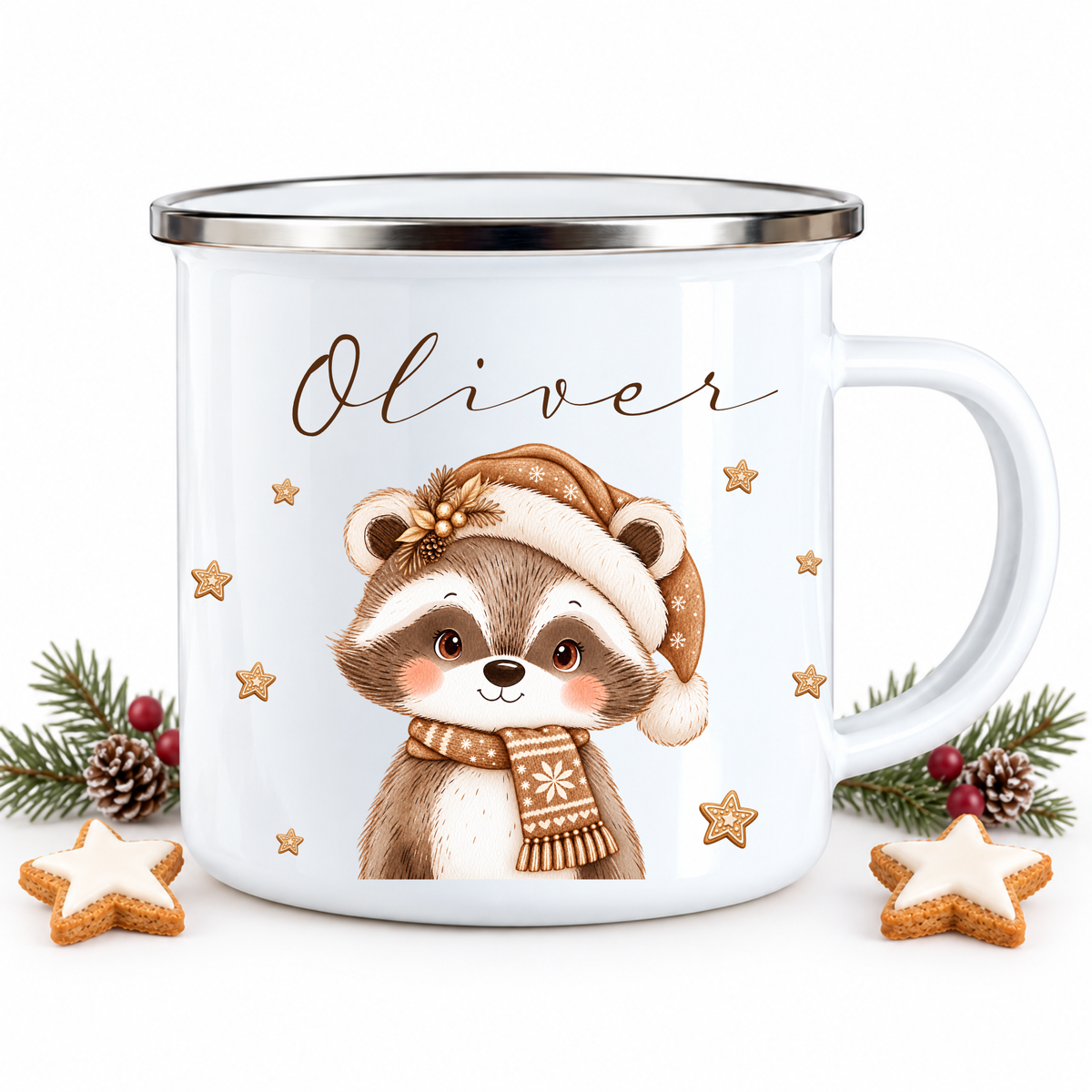 Kindertasse mit Namen Weihnachten, Emaille Tasse personalisiert I Nikolausgeschenk Kinder I Weihnachtstasse Mädchen Jungen I 6 Tiermotive