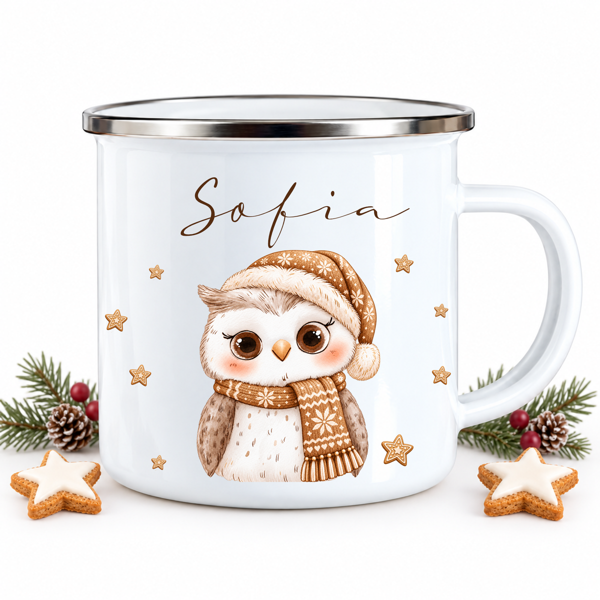 Kindertasse mit Namen Weihnachten, Emaille Tasse personalisiert I Nikolausgeschenk Kinder I Weihnachtstasse Mädchen Jungen I 6 Tiermotive