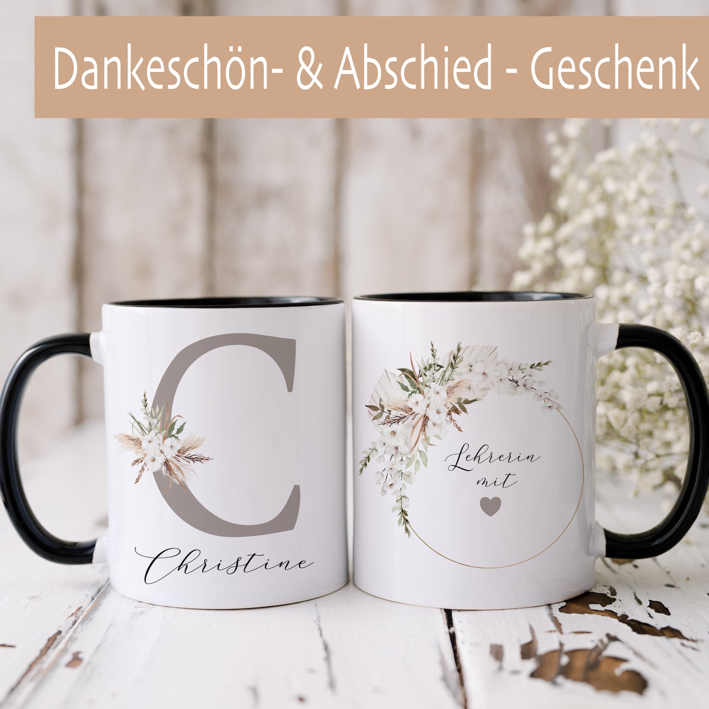 Tasse "Lehrerin mit Herz" | Personalisiertes Geschenk als Dankeschön und zum Abschied | Keramiktasse mit Namen und Buchstaben