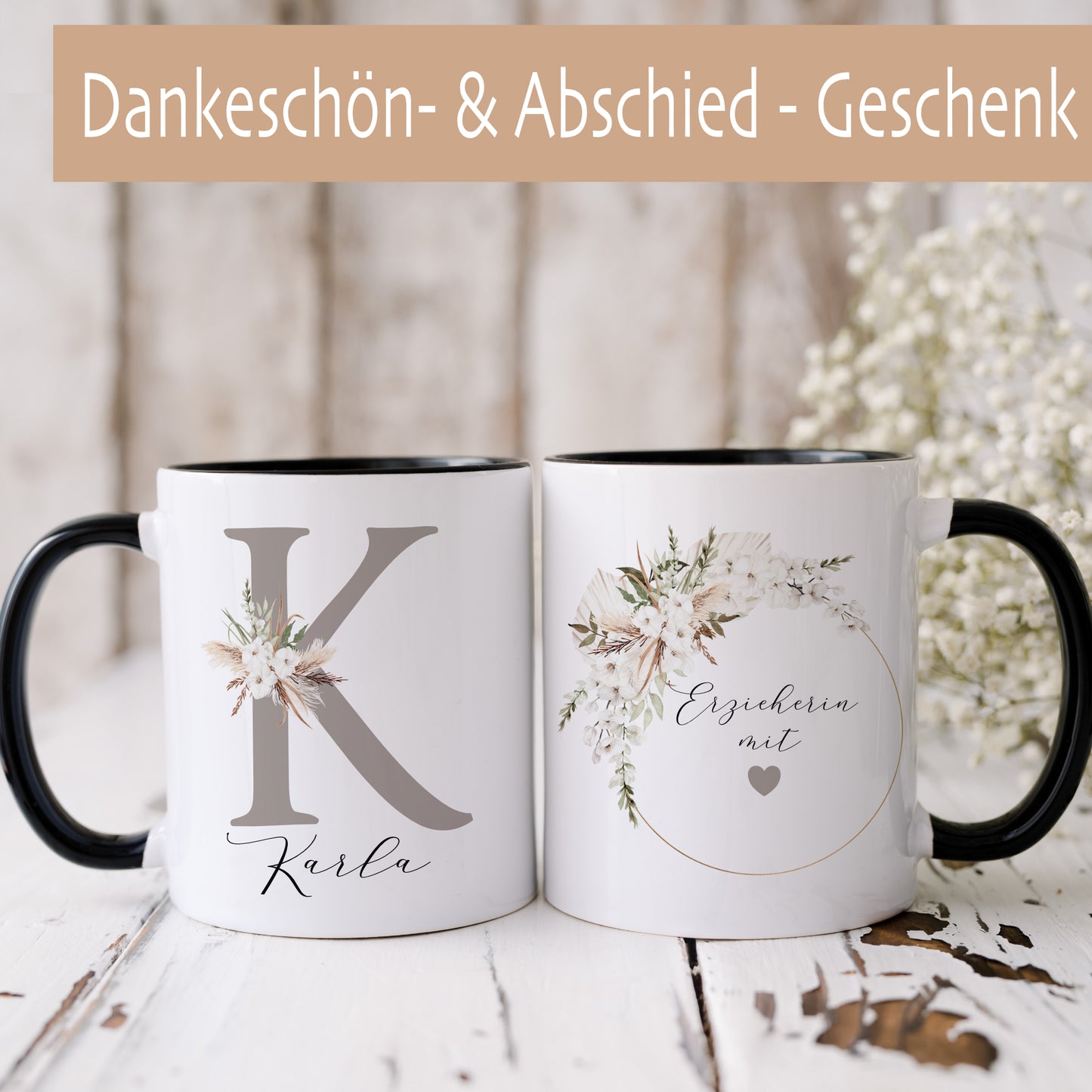 Tasse "Erzieherin mit Herz" | Personalisiertes Geschenk als Dankeschön und zum Abschied | Keramiktasse mit Namen und Buchstaben