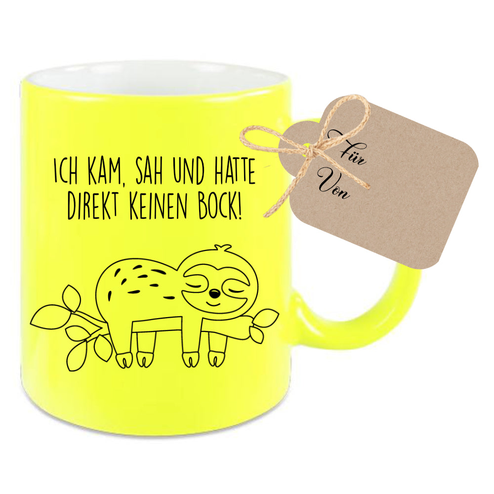 Tasse Faultier mit Spruch: Ich kam, sah und hatte direkt keinen Bock! | 4 Tassenfarben zur Auswahl