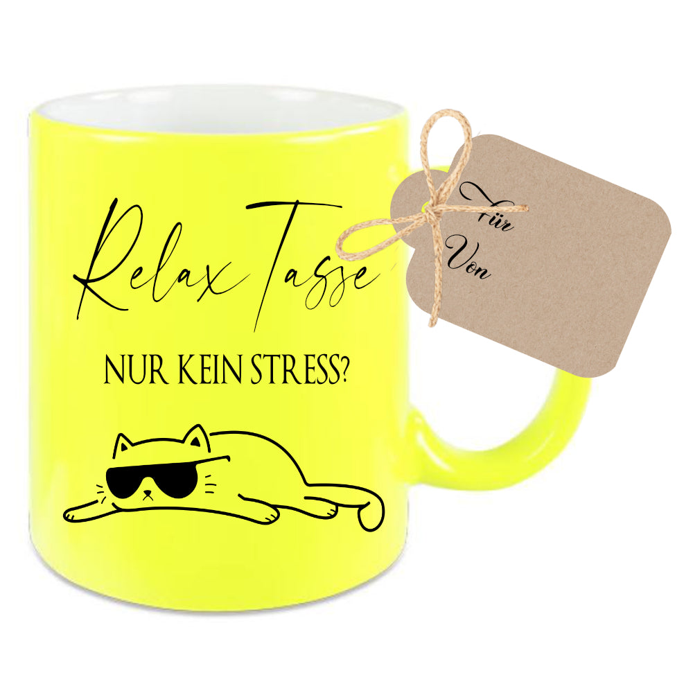 Relax Tasse Nur kein Stress, Katzen Tasse mit Spruch | 4 Tassenfarben zur Auswahl