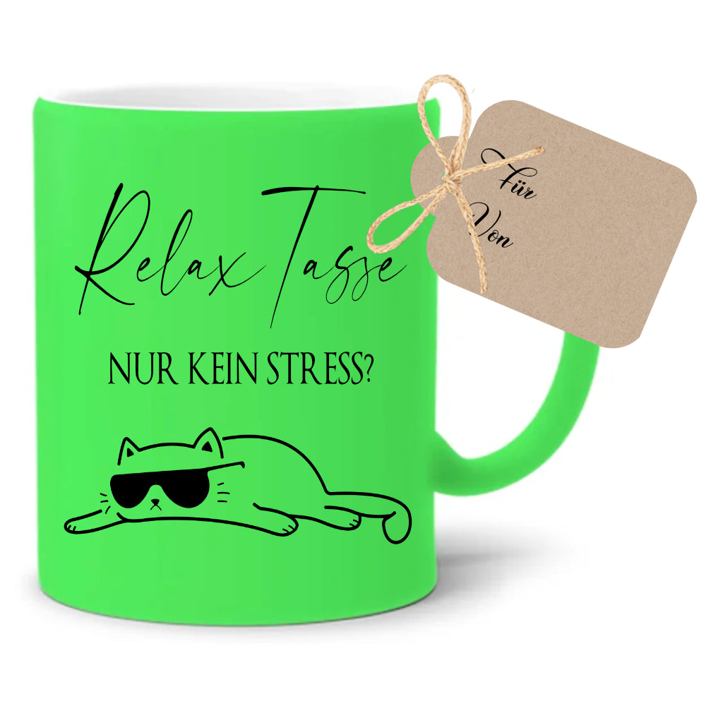 Relax Tasse Nur kein Stress, Katzen Tasse mit Spruch | 4 Tassenfarben zur Auswahl