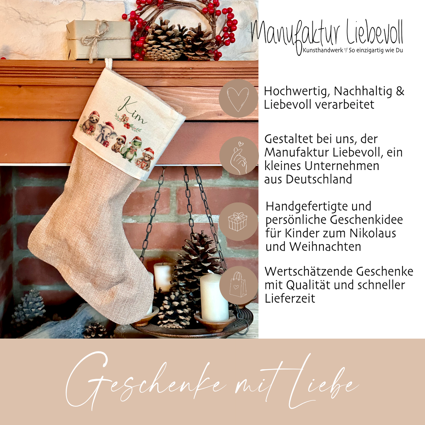 Weihnachtsstrumpf Tiere mit Namen für Mädchen und Jungen als Geschenk