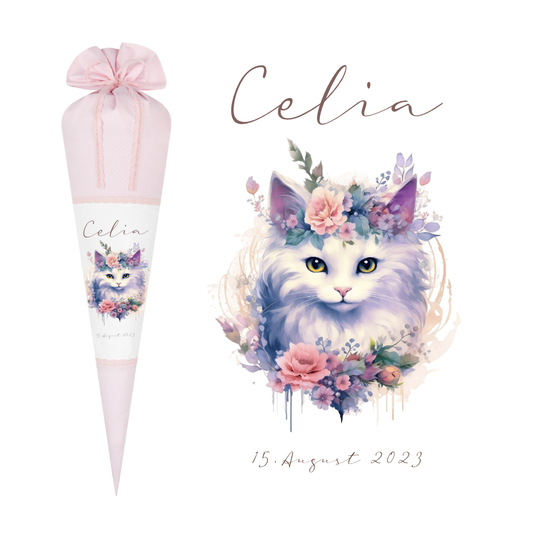 Personalisierte Stoffschultüte mit Namen Katze für Mädchen