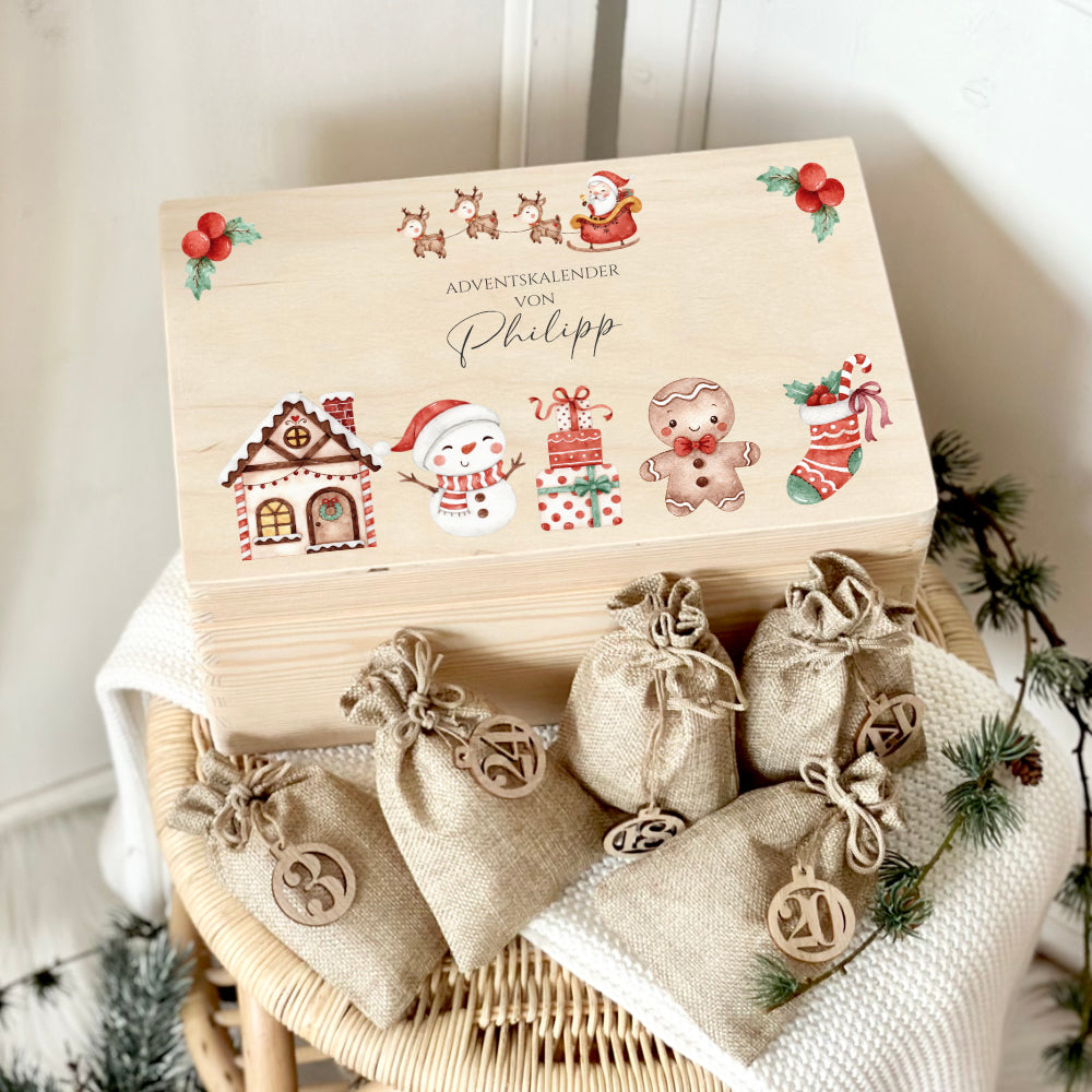 Adventskalender zum Befüllen für Kinder, Personalisierte Adventskiste mit Weihnachtsmotiv