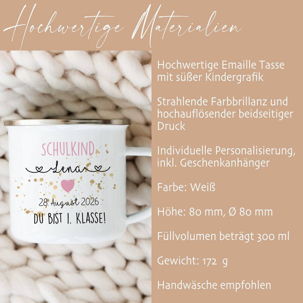 Personalisierte Tasse für das Schulkind | Geschenk für Jungen und Mädchen mit Namen und Datum | 2 Farbvarianten zur Auswahl