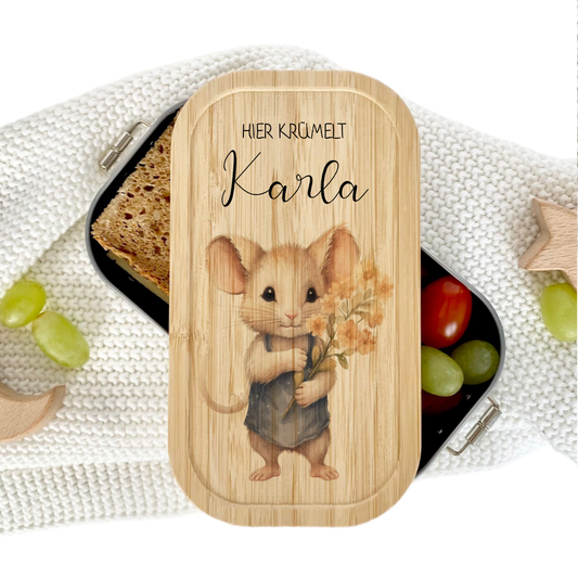 Lunchbox "Maus" wählbar in Edelstahl mit Bambusdeckel und Namen für Kinder | Brotdose mit Maus Motiv | Personalisiertes Geschenk für Kinder