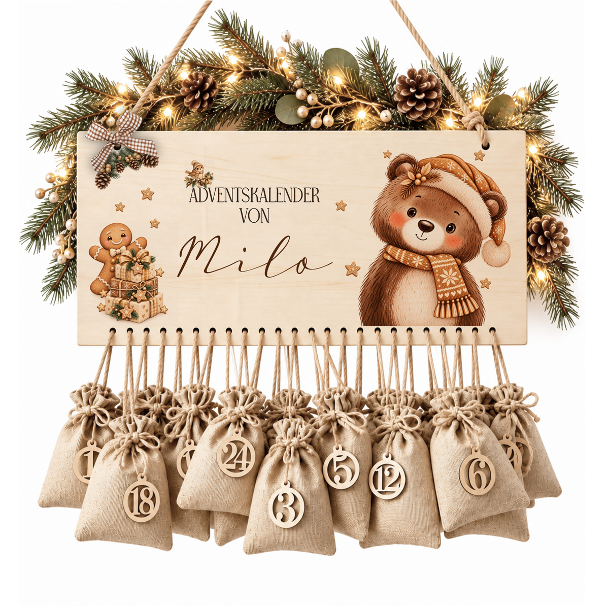 Personalisierter Adventskalender aus Holz mit Namen – 6 Tiermotive