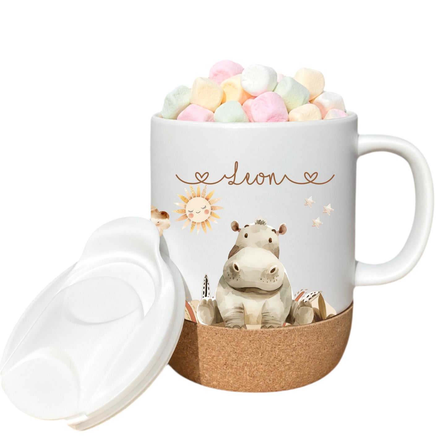Personalisierte Kindertasse mit Namen – Keramiktasse mit Korkboden & Deckel | 14 Motive zur Auswahl