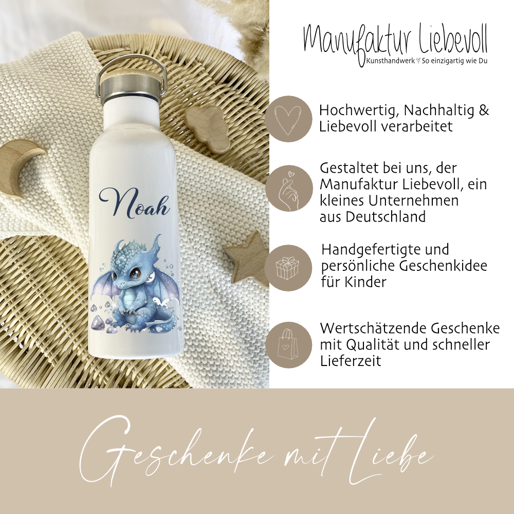 Kinder Trinkflasche Drache mit Namen als Geschenkidee