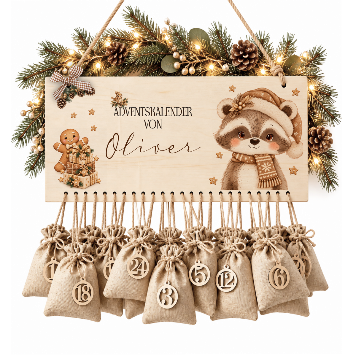 Personalisierter Adventskalender aus Holz mit Namen – 6 Tiermotive