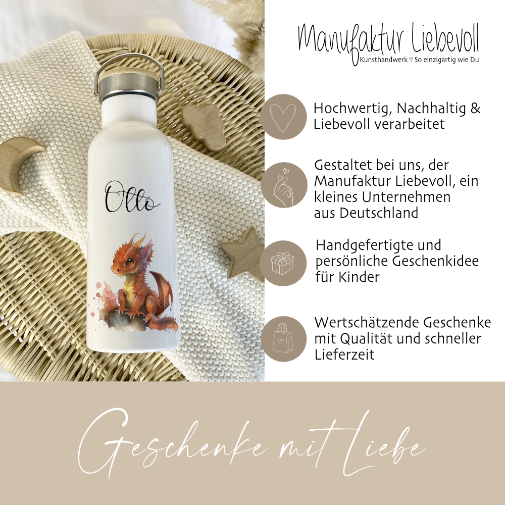 Kinder Trinkflasche Drache mit Namen als Geschenkidee 