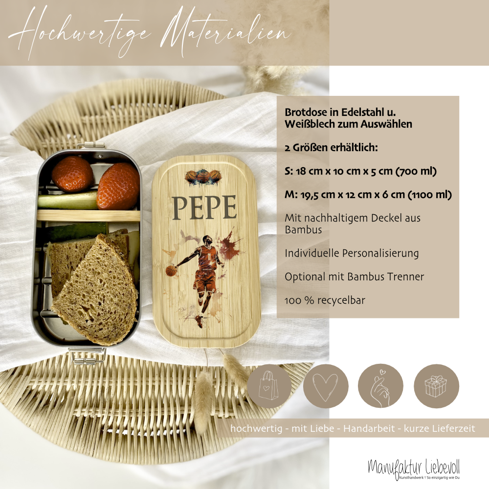 Lunchbox "Basketball" wählbar in Edelstahl mit Bambusdeckel und Namen für Kinder | Brotbox mit Basketballspieler | Personalisiertes Geschenk für Kinder