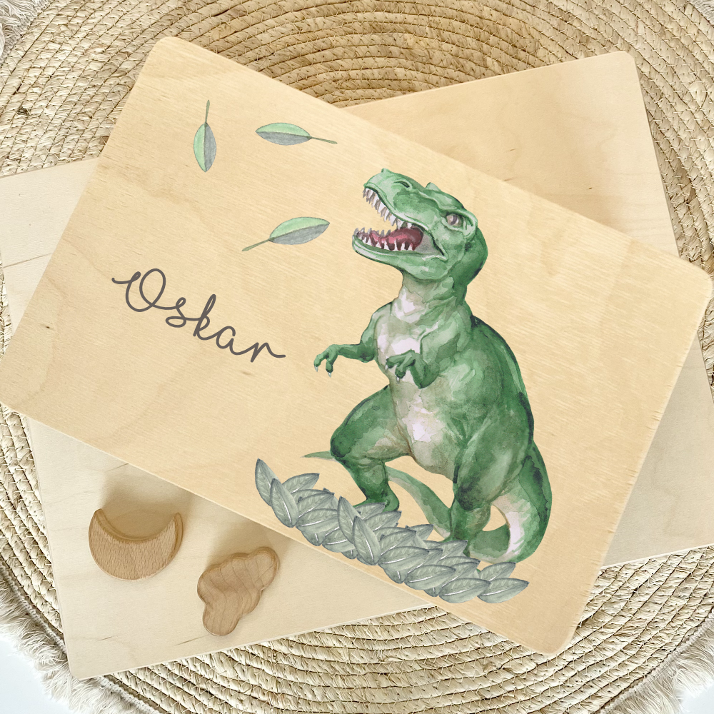 Personalisierte Erinnerungskiste "Dinosaurier" als Motiv für Babys zur Geburt und Taufe, Babygeschenk mit dem Namen, Holzkiste