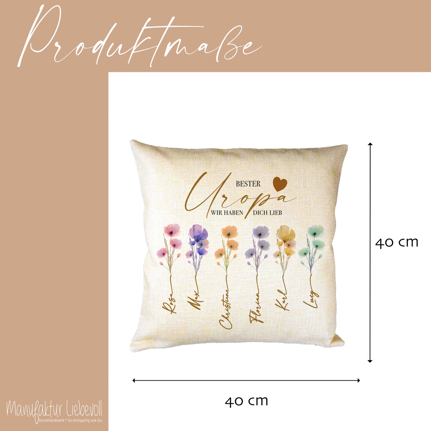 Personalisiertes Kissen mit Namen – Geschenk für Oma, Opa, Mama, Papa, Uroma & Uropa – Aquarell Blumen – Kissen Leinenoptik 40x40 – Familiengeschenk mit Enkelnamen – Danke oder Beste/r