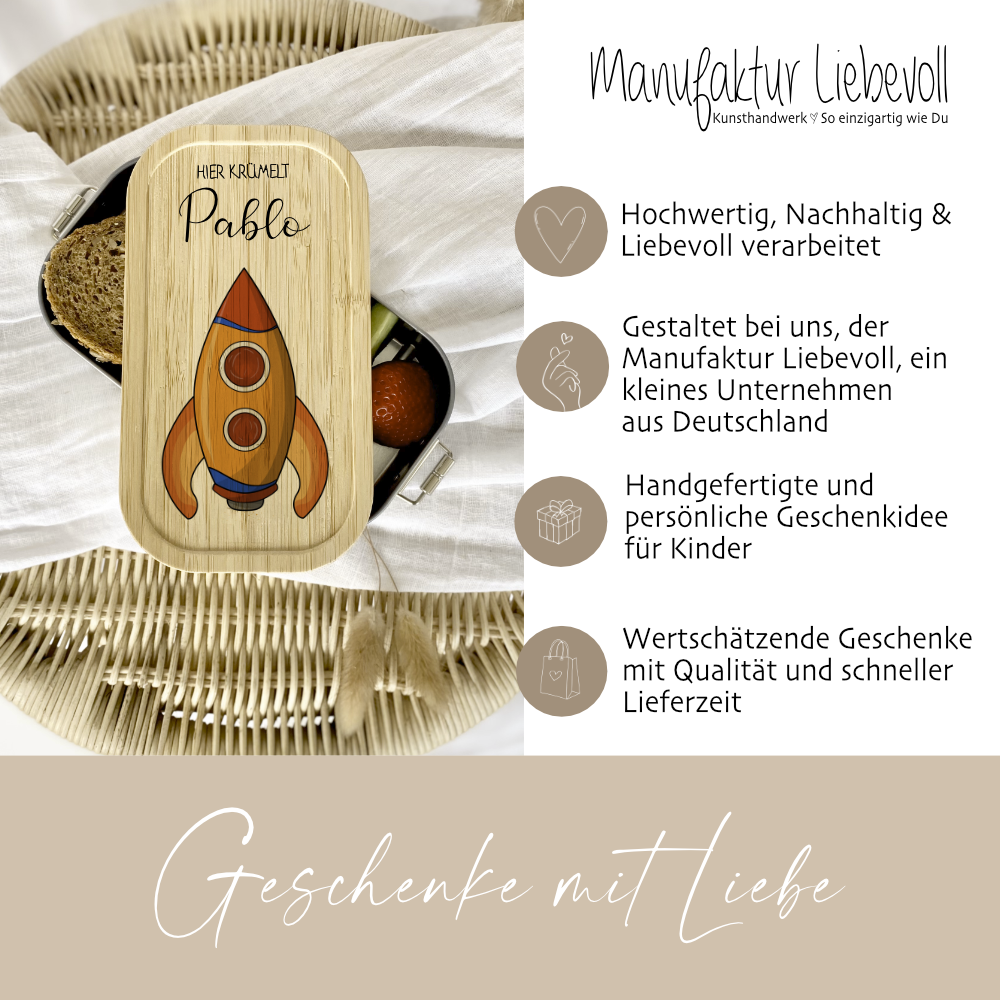 Lunchbox "Rakete" wählbar in Edelstahl mit Bambusdeckel und Namen für Kinder | Brotdose mit Weltall Weltraum Motiv | Personalisiertes Geschenk für Kinder