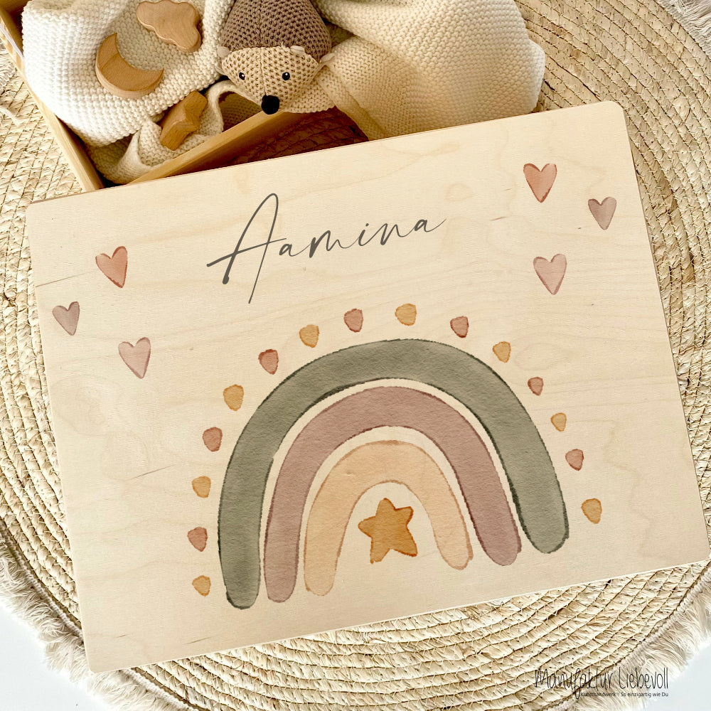 Personalisierte Erinnerungsbox aus Holz, Regenbogen Holzkiste mit Namen