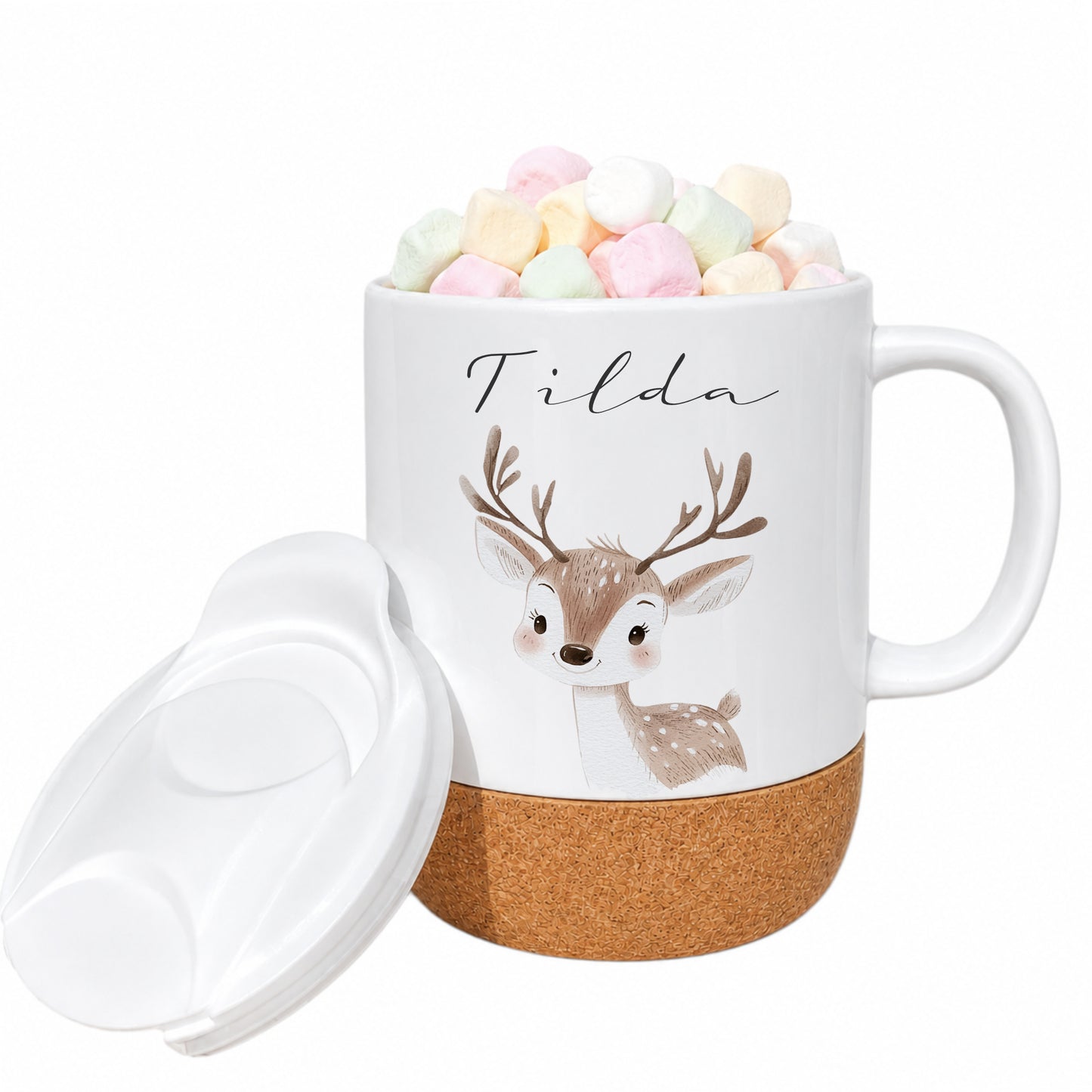 Personalisierte Kindertasse mit Name – Keramiktasse mit Korkboden & Deckel | 12 Tiermotive