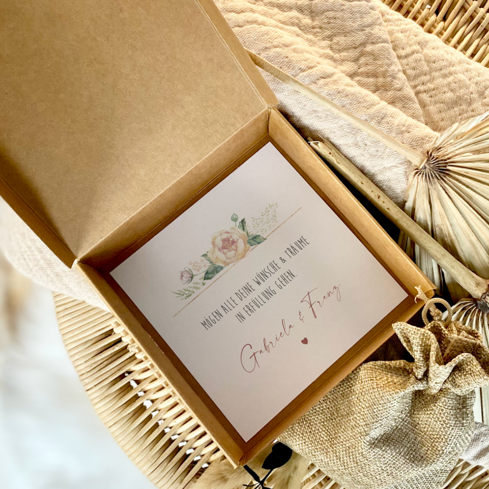 Personalisierte Geschenkschachtel, individuelles Geldgeschenk zur Taufe, Geburtstag, Kommunion, Jugendweihe, inkl. Jutebeutel I Manufaktur Liebevoll