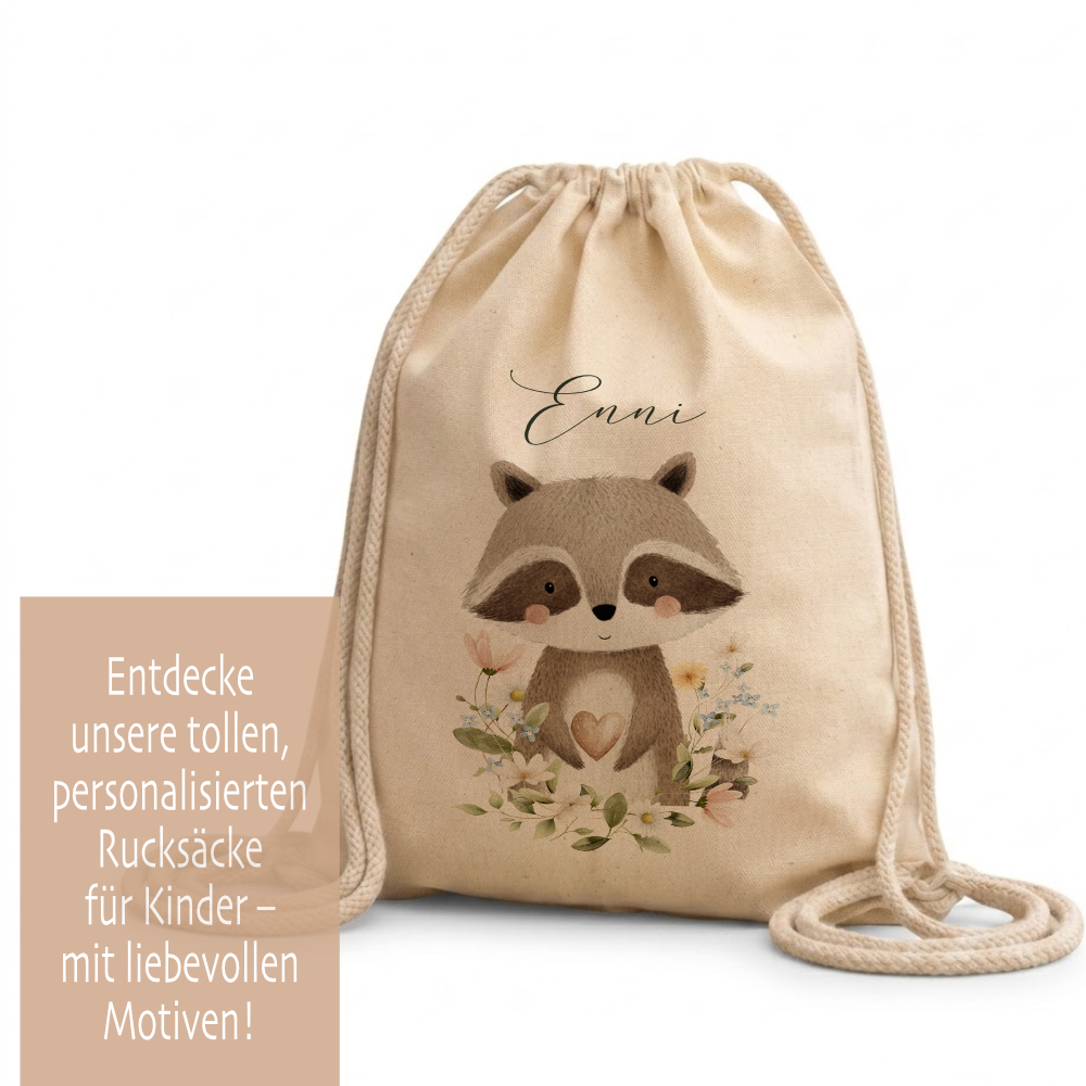 Personalisierter Kinder Turnbeutel mit Namen – Süße Waldtiere Motive im Boho-Stil – Robuster Rucksack in Canvas-Struktur für Kita & Schule