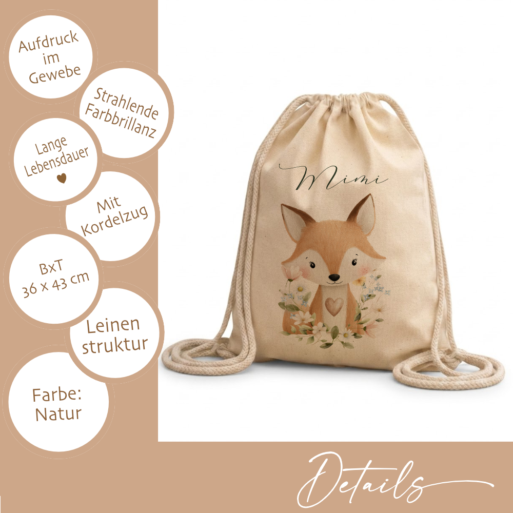Personalisierter Kinder Turnbeutel mit Namen – Süße Waldtiere Motive im Boho-Stil – Robuster Rucksack in Canvas-Struktur für Kita & Schule