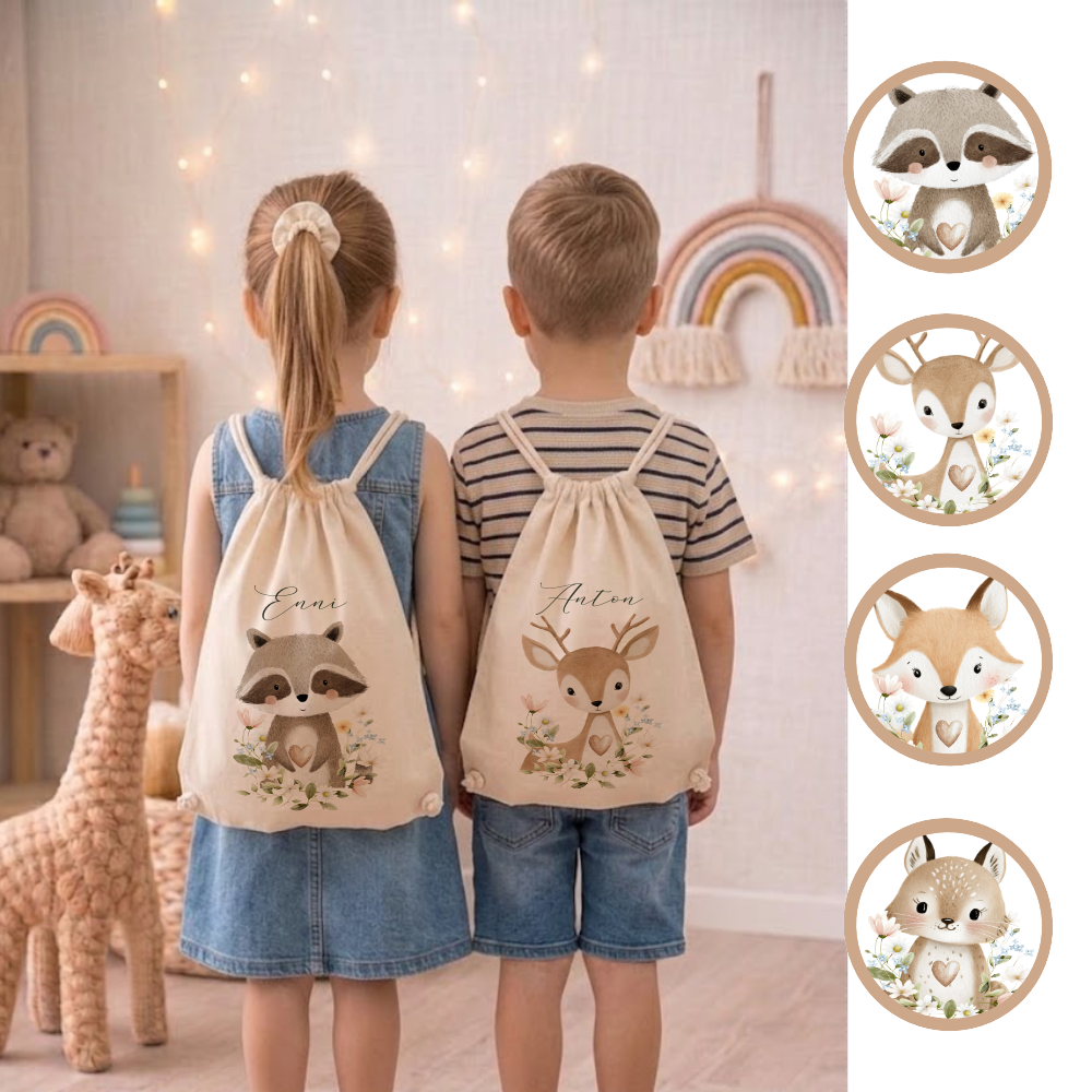 Personalisierter Kinder Turnbeutel mit Namen – Süße Waldtiere Motive im Boho-Stil – Robuster Rucksack in Canvas-Struktur für Kita & Schule