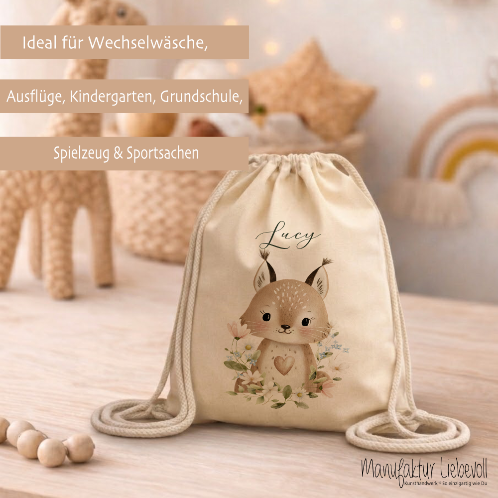 Personalisierter Kinder Turnbeutel mit Namen – Süße Waldtiere Motive im Boho-Stil – Robuster Rucksack in Canvas-Struktur für Kita & Schule