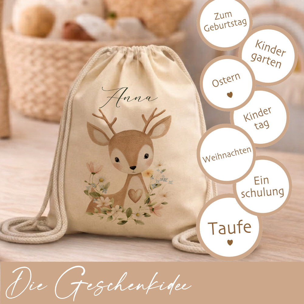 Personalisierter Kinder Turnbeutel mit Namen – Süße Waldtiere Motive im Boho-Stil – Robuster Rucksack in Canvas-Struktur für Kita & Schule