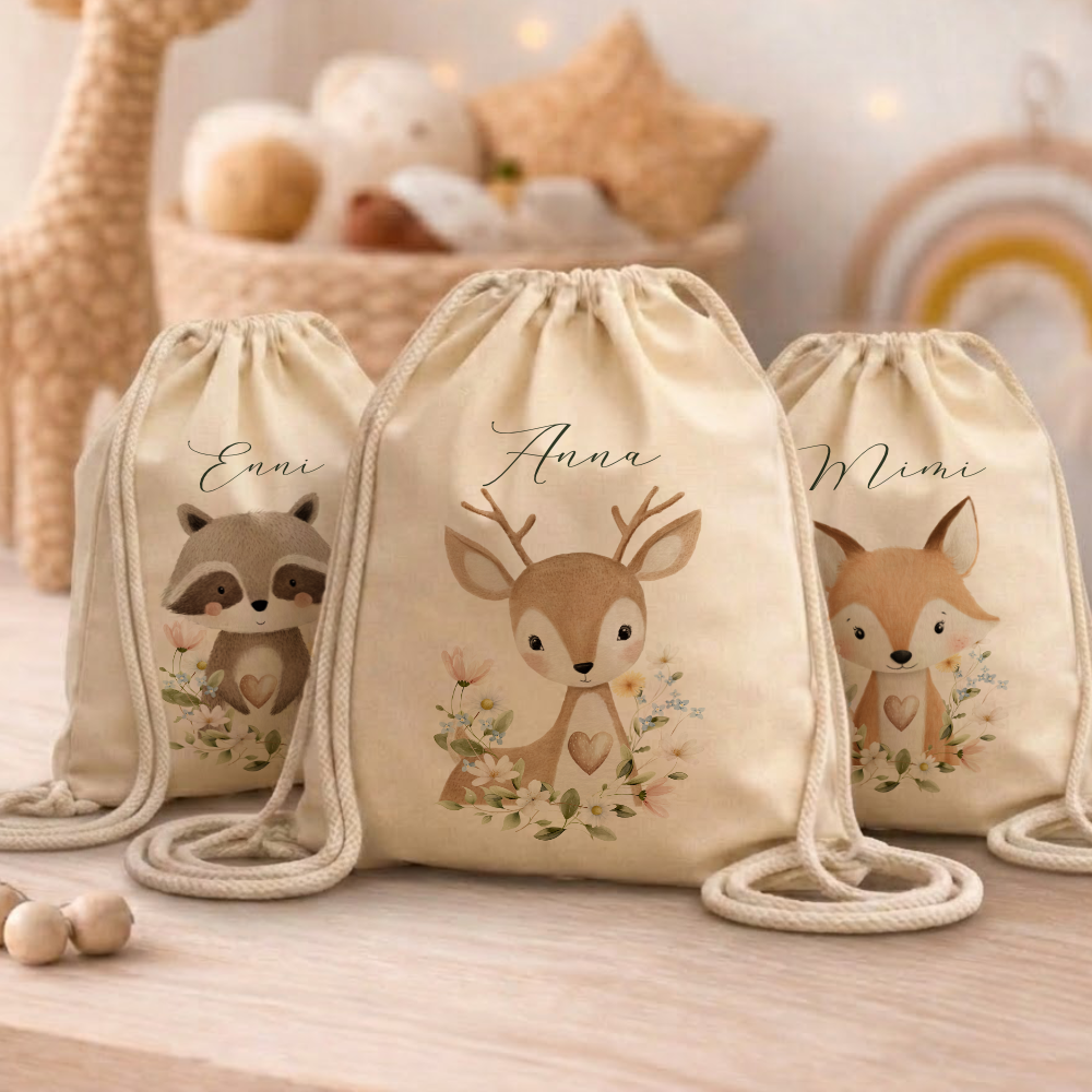 Personalisierter Kinder Turnbeutel mit Namen – Süße Waldtiere Motive im Boho-Stil – Robuster Rucksack in Canvas-Struktur für Kita & Schule