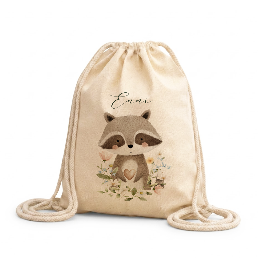 Personalisierter Kinder Turnbeutel mit Namen – Süße Waldtiere Motive im Boho-Stil – Robuster Rucksack in Canvas-Struktur für Kita & Schule