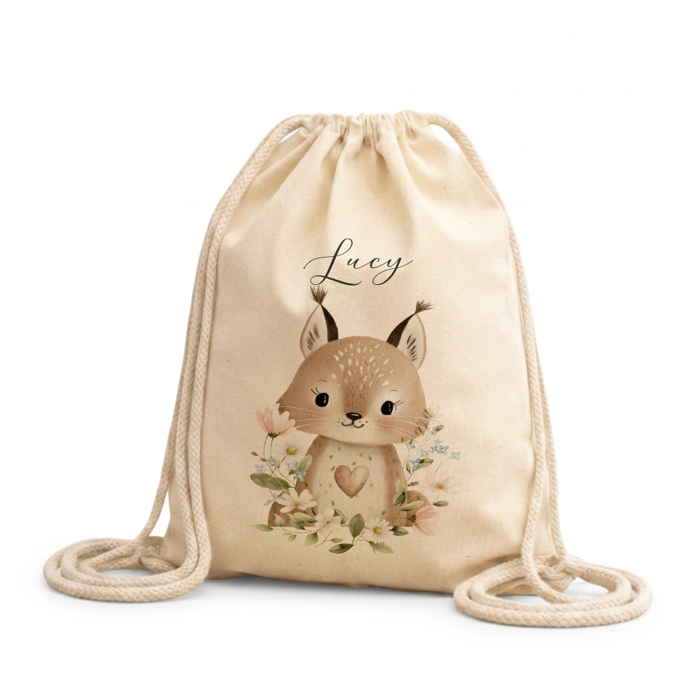 Personalisierter Kinder Turnbeutel mit Namen – Süße Waldtiere Motive im Boho-Stil – Robuster Rucksack in Canvas-Struktur für Kita & Schule