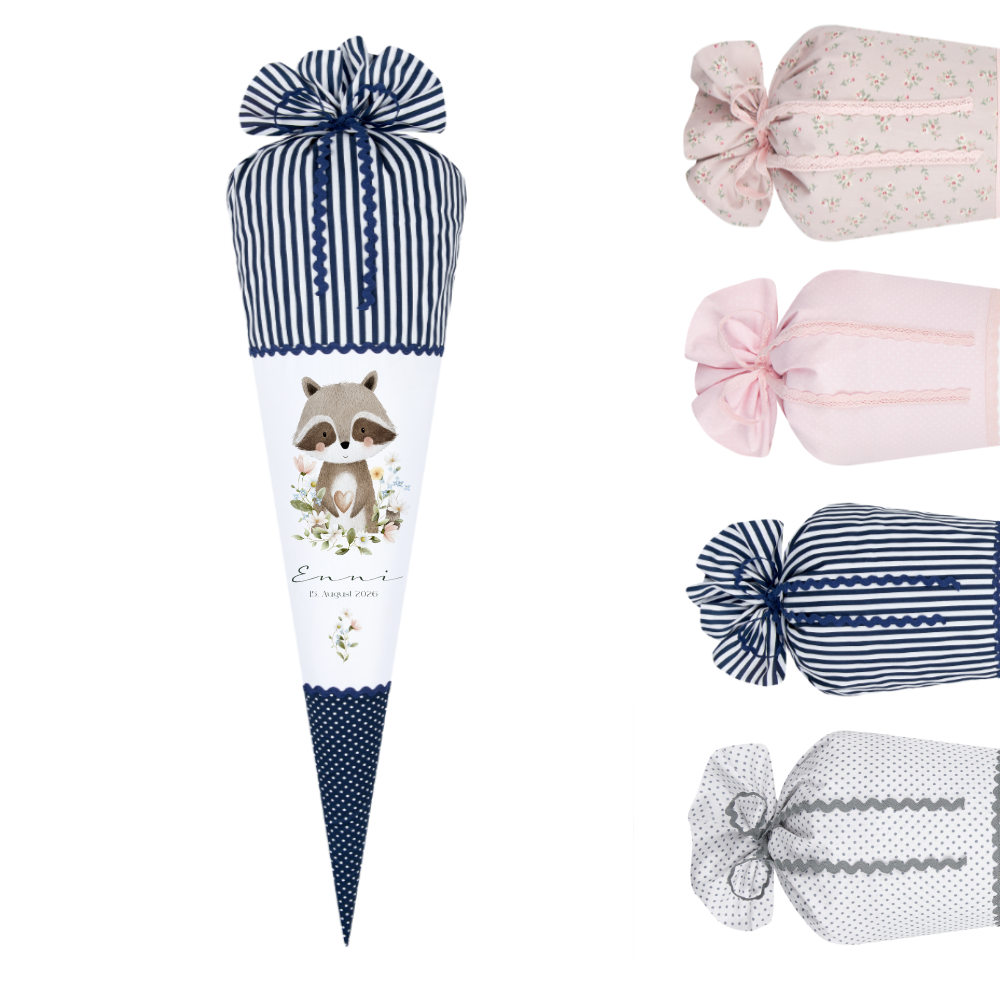 Personalisierte Stoff Schultüte mit Namen – Süße Waldtiere Motive & Boho-Details – Handgemacht zur Einschulung