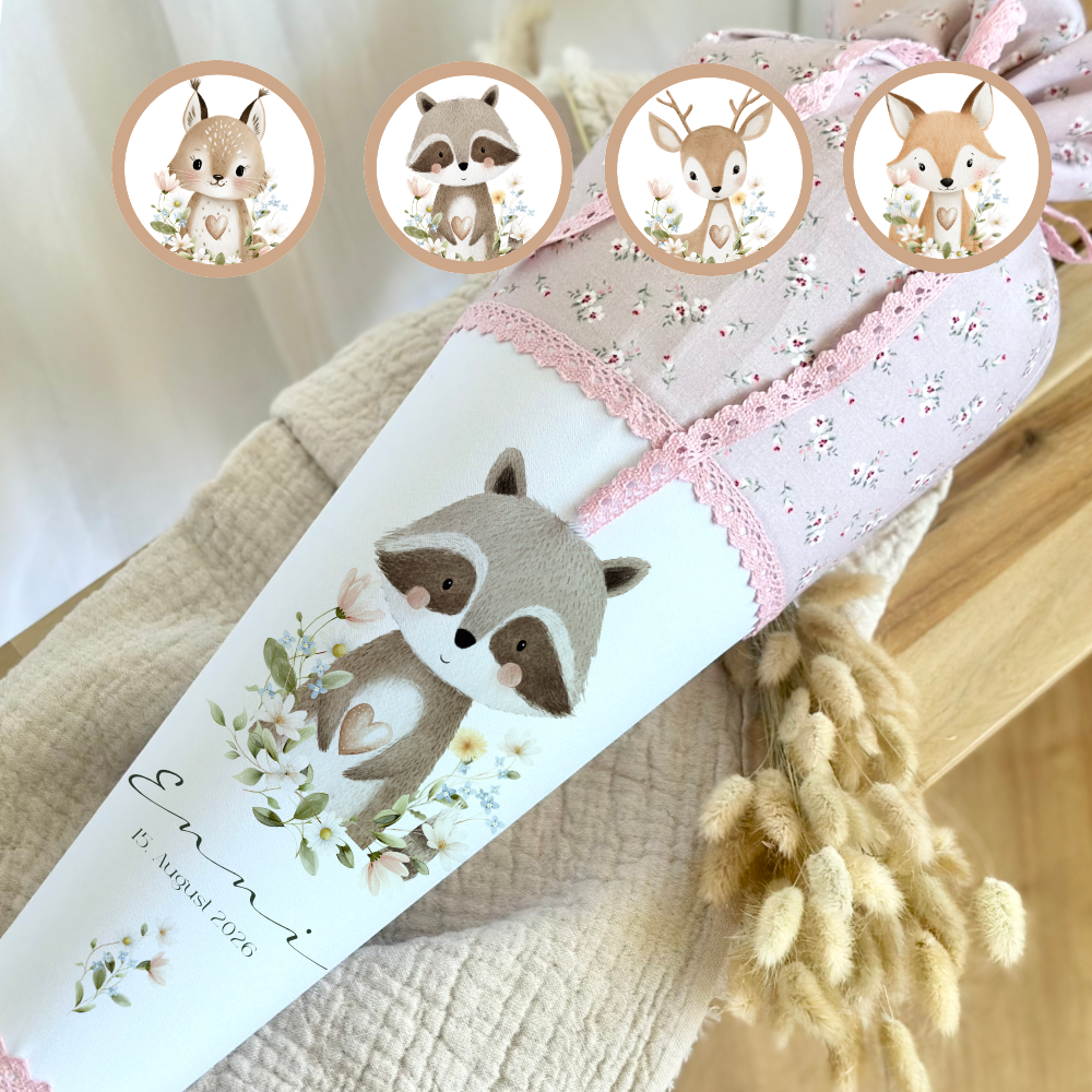 Personalisierte Stoff Schultüte mit Namen – Süße Waldtiere Motive & Boho-Details – Handgemacht zur Einschulung